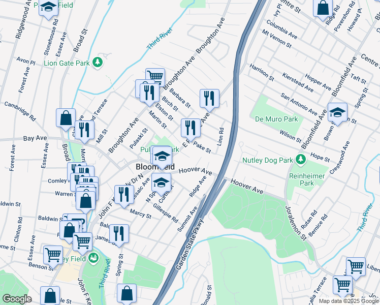 map of restaurants, bars, coffee shops, grocery stores, and more near 2 Andrew Court in Bloomfield