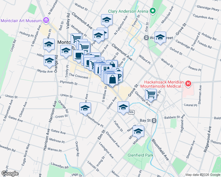 map of restaurants, bars, coffee shops, grocery stores, and more near 3 South Willow Street in Montclair