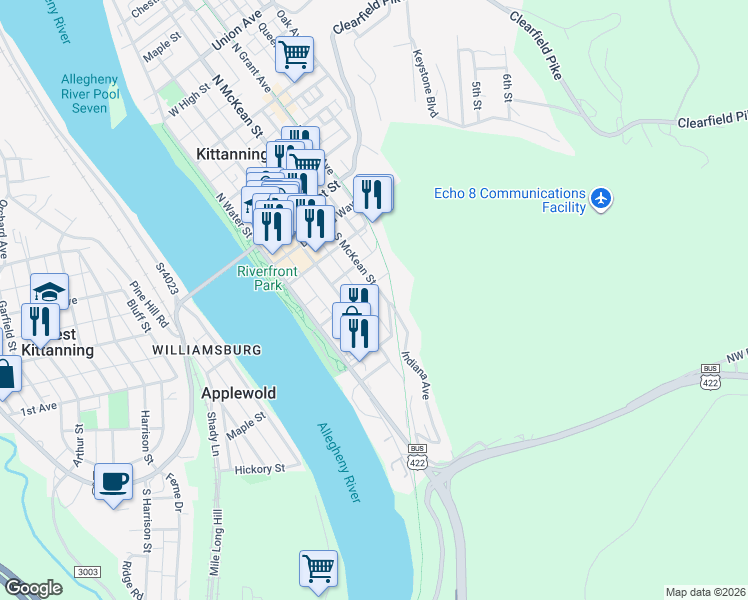 map of restaurants, bars, coffee shops, grocery stores, and more near 265 South McKean Street in Kittanning