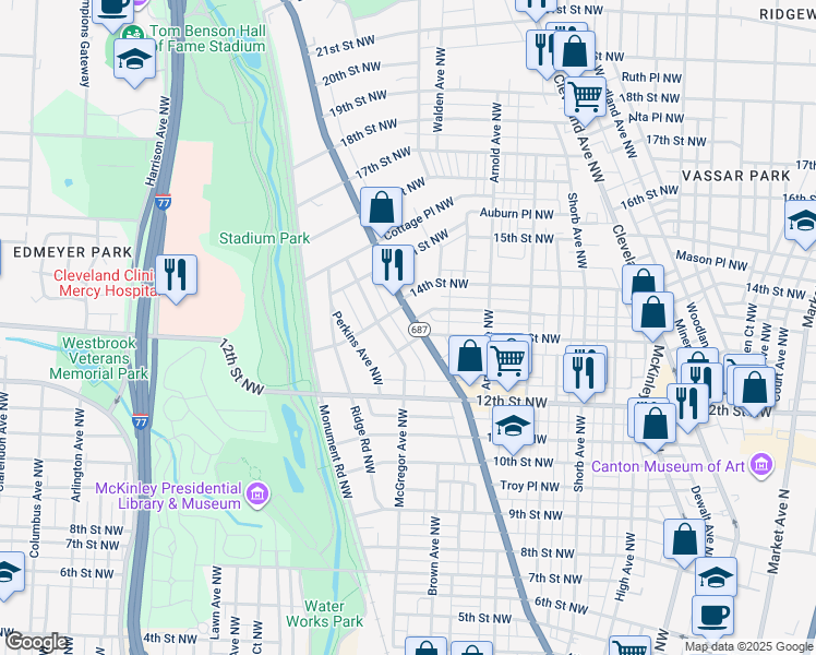 map of restaurants, bars, coffee shops, grocery stores, and more near 1324 Fulton Road Northwest in Canton