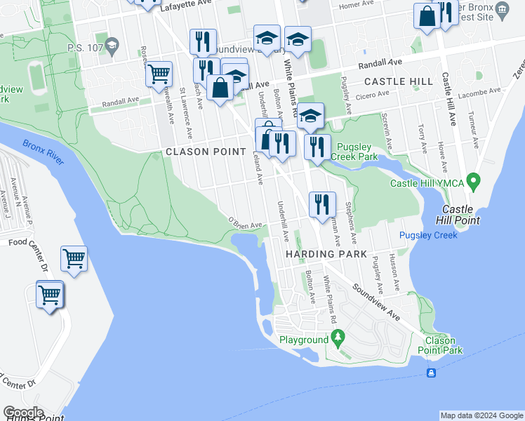 map of restaurants, bars, coffee shops, grocery stores, and more near 321 Leland Avenue in The Bronx