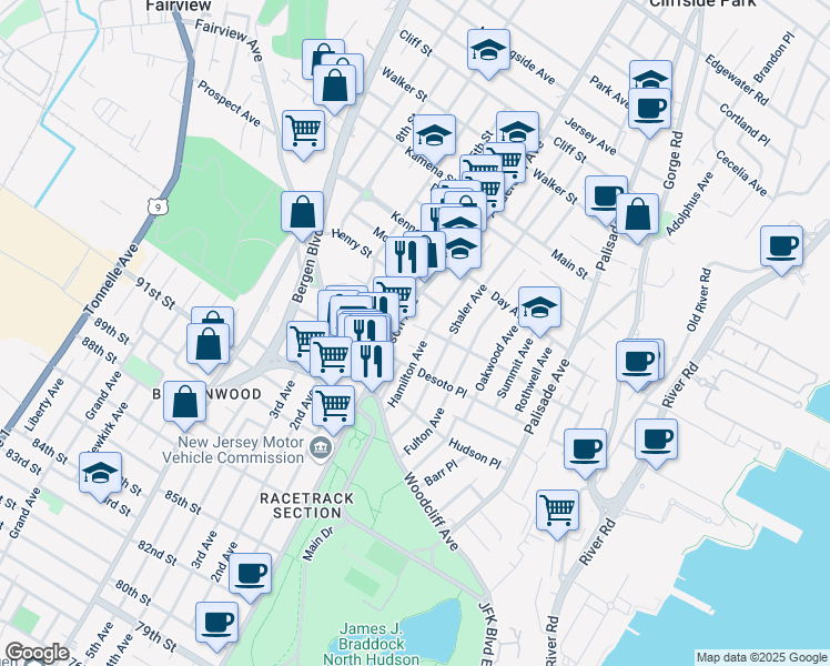 map of restaurants, bars, coffee shops, grocery stores, and more near in Fairview