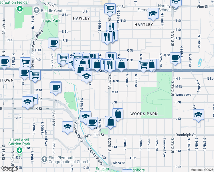 map of restaurants, bars, coffee shops, grocery stores, and more near 219 South 27th Street in Lincoln