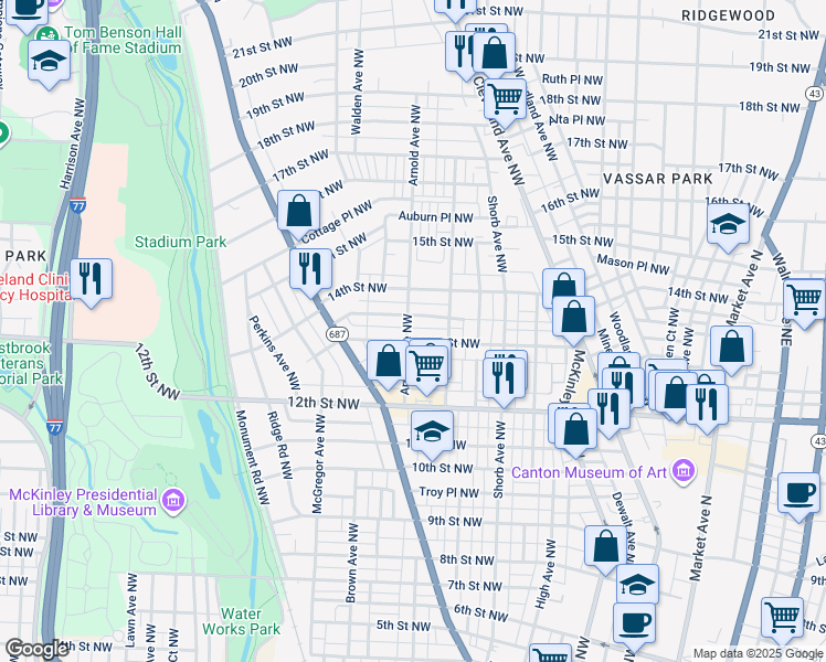 map of restaurants, bars, coffee shops, grocery stores, and more near 1308 Arnold Avenue Northwest in Canton