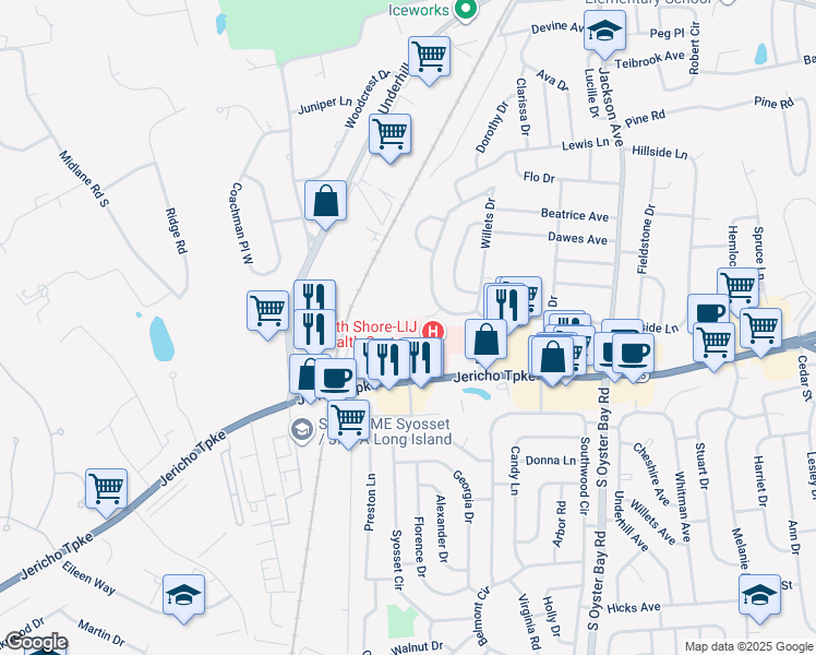 map of restaurants, bars, coffee shops, grocery stores, and more near 100 Lafayette Drive in Syosset