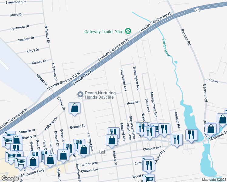 map of restaurants, bars, coffee shops, grocery stores, and more near 76 Midland Avenue in Mastic