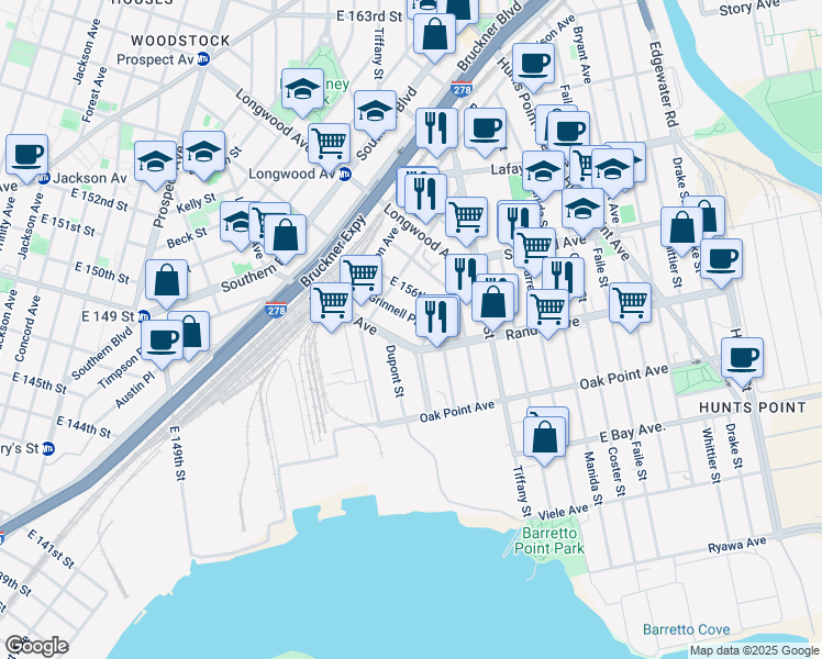 map of restaurants, bars, coffee shops, grocery stores, and more near 1179 Grinnell Place in The Bronx