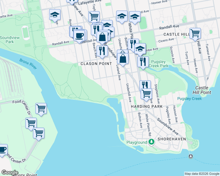 map of restaurants, bars, coffee shops, grocery stores, and more near in The Bronx