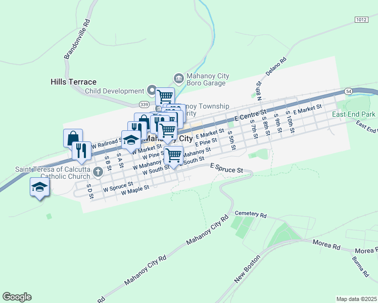 map of restaurants, bars, coffee shops, grocery stores, and more near 115 East Mahanoy Street in Mahanoy City