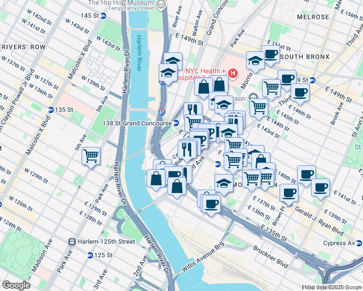 map of restaurants, bars, coffee shops, grocery stores, and more near 220 East 138th Street in Bronx