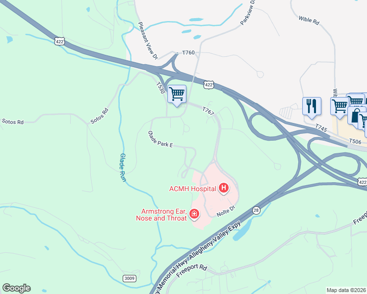 map of restaurants, bars, coffee shops, grocery stores, and more near 1044 Glade Park East in Kittanning