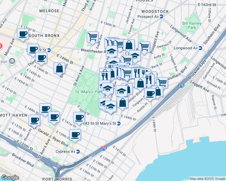 map of restaurants, bars, coffee shops, grocery stores, and more near 764B East 149th Street in The Bronx