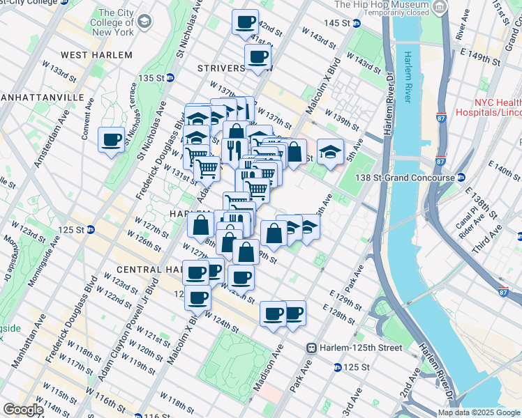 map of restaurants, bars, coffee shops, grocery stores, and more near in New York