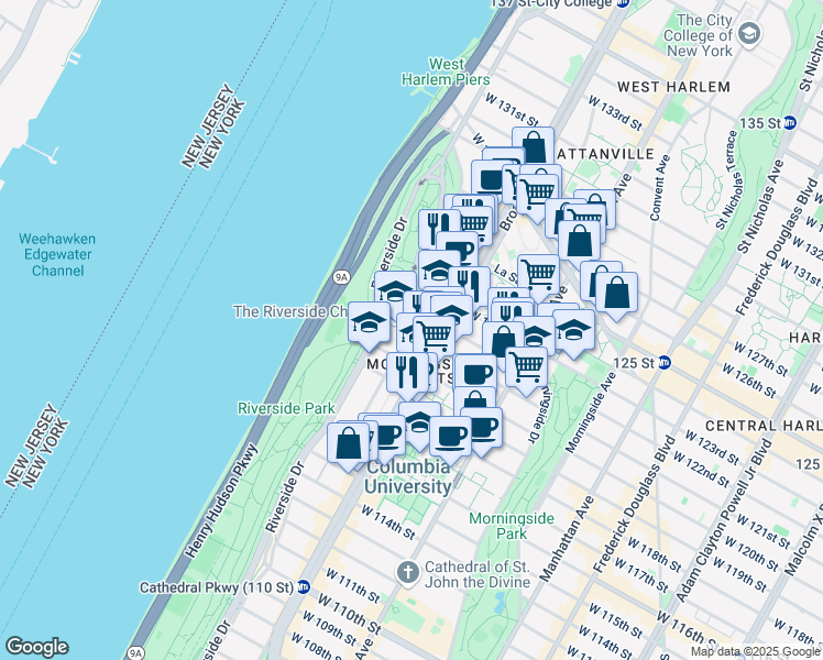 map of restaurants, bars, coffee shops, grocery stores, and more near 606 Seminary Row in New York