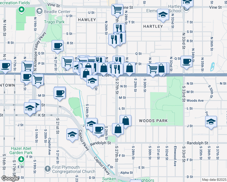 map of restaurants, bars, coffee shops, grocery stores, and more near 219 South 27th Street in Lincoln