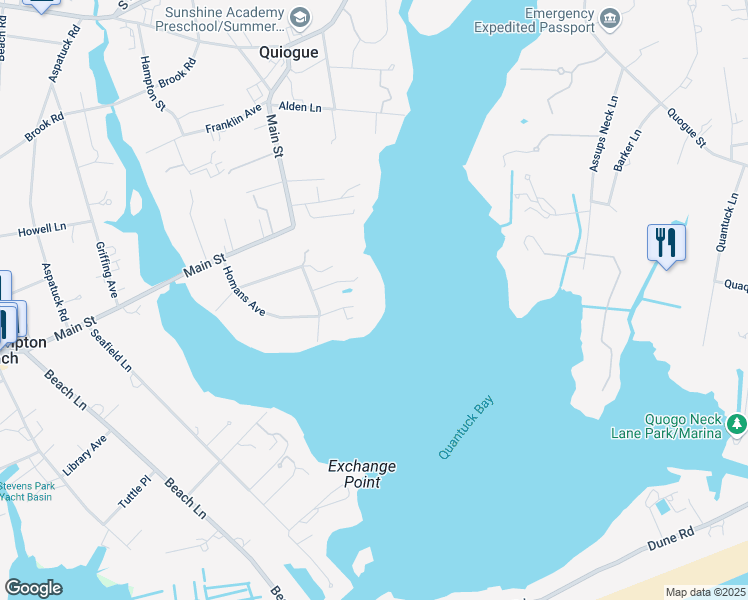 map of restaurants, bars, coffee shops, grocery stores, and more near 10 Delafield Street in Westhampton Beach