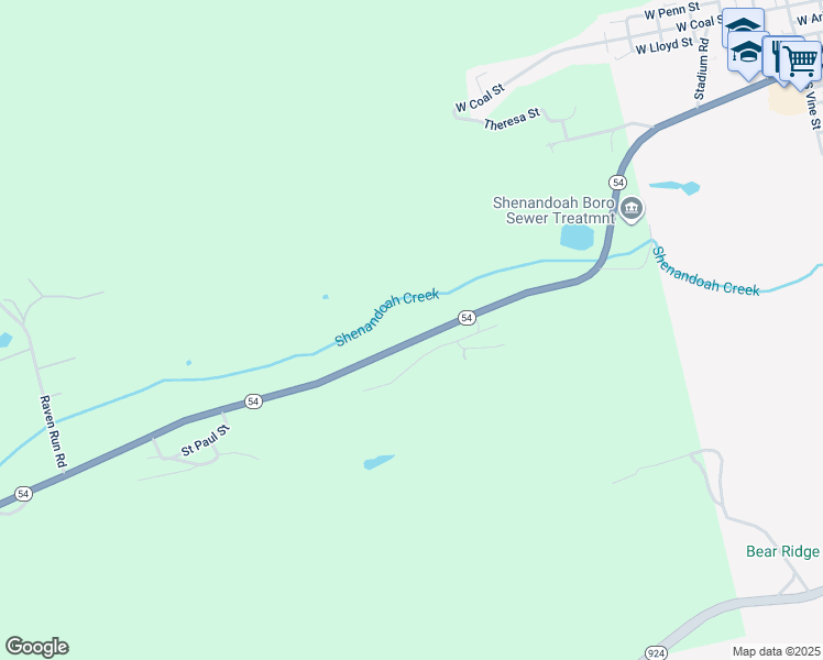 map of restaurants, bars, coffee shops, grocery stores, and more near 124 Mount Olive Boulevard in Shenandoah
