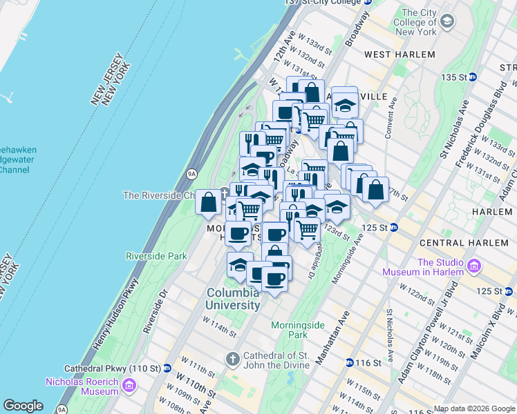 map of restaurants, bars, coffee shops, grocery stores, and more near Broadway & W 122nd St in New York