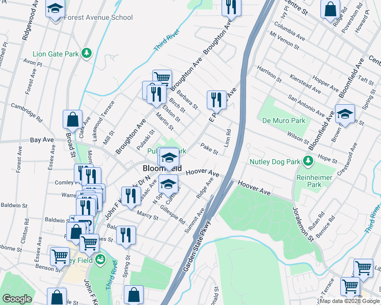 map of restaurants, bars, coffee shops, grocery stores, and more near 2 Andrew Court in Bloomfield