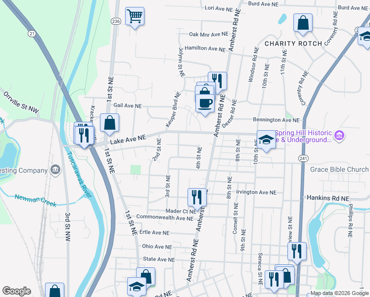 map of restaurants, bars, coffee shops, grocery stores, and more near 330 Indiana Avenue Northeast in Massillon