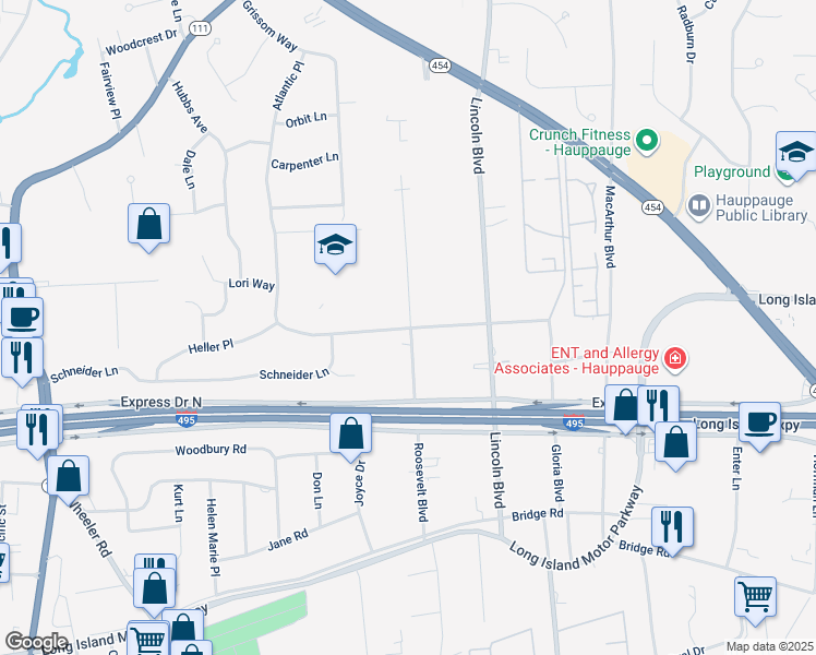 map of restaurants, bars, coffee shops, grocery stores, and more near 207 Atlantic Place in Hauppauge