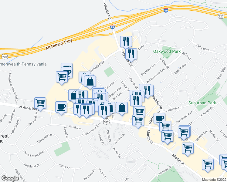 map of restaurants, bars, coffee shops, grocery stores, and more near 341 Strouse Avenue in State College