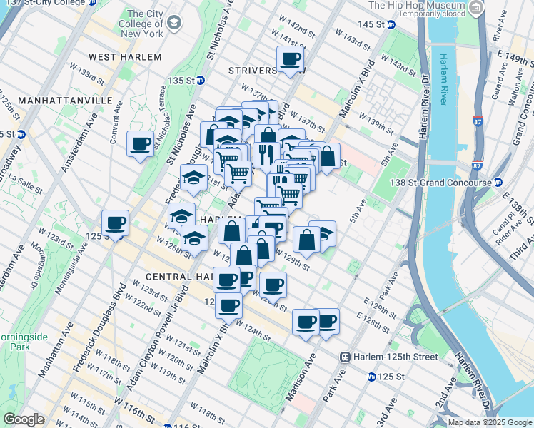 map of restaurants, bars, coffee shops, grocery stores, and more near 126 West 131st Street in New York