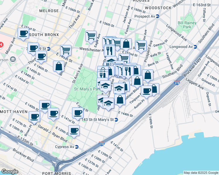 map of restaurants, bars, coffee shops, grocery stores, and more near 501 Jackson Avenue in Bronx