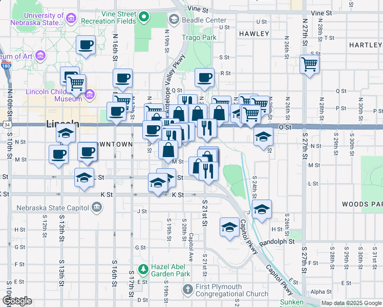 map of restaurants, bars, coffee shops, grocery stores, and more near 2031 N Street in Lincoln