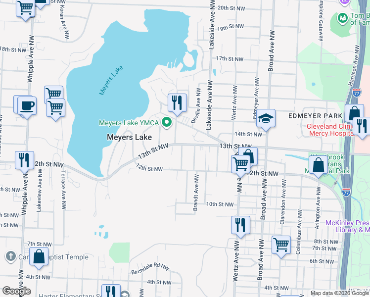 map of restaurants, bars, coffee shops, grocery stores, and more near 3314 13th Street Southwest in Canton