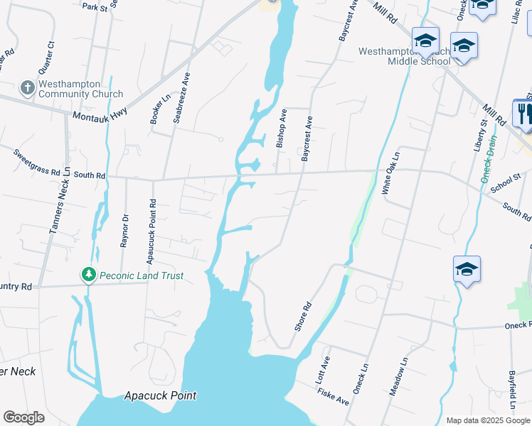 map of restaurants, bars, coffee shops, grocery stores, and more near 73A Baycrest Avenue in Westhampton