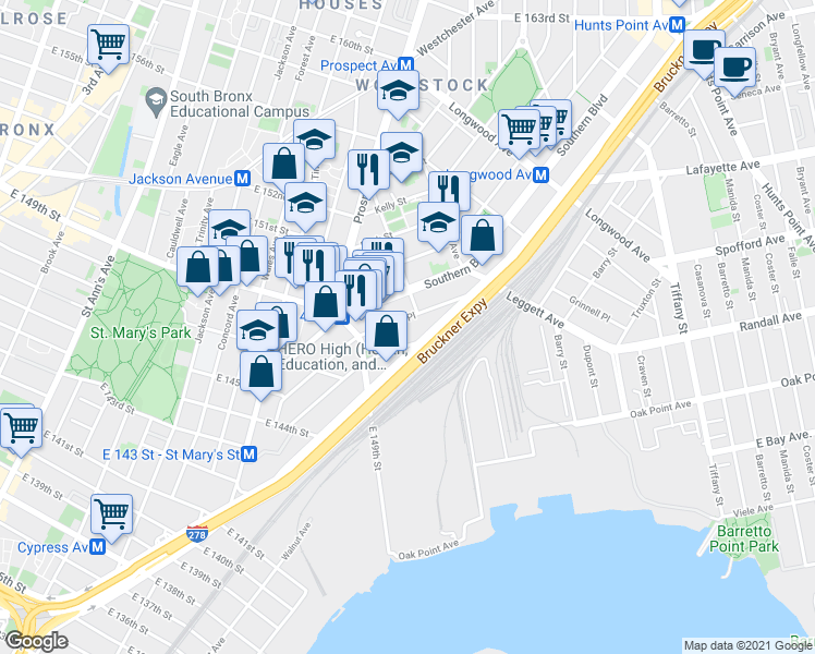 map of restaurants, bars, coffee shops, grocery stores, and more near 581 Timpson Place in Bronx