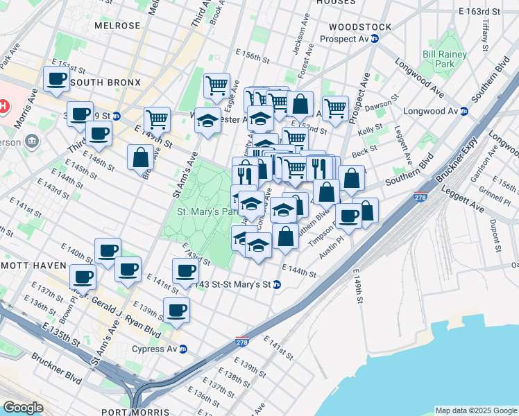 map of restaurants, bars, coffee shops, grocery stores, and more near 501 Jackson Avenue in Bronx