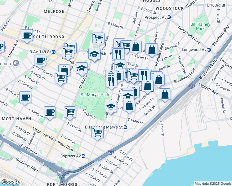 map of restaurants, bars, coffee shops, grocery stores, and more near 501 Jackson Avenue in Bronx