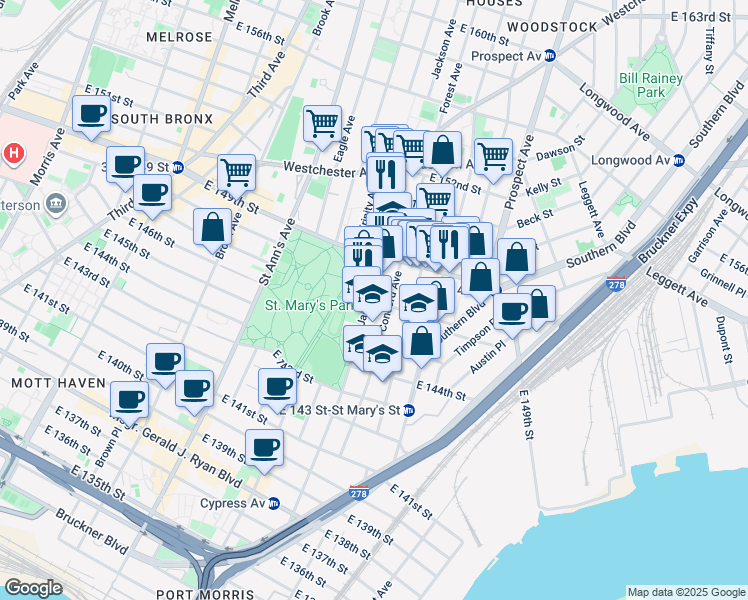 map of restaurants, bars, coffee shops, grocery stores, and more near 501 Jackson Avenue in Bronx