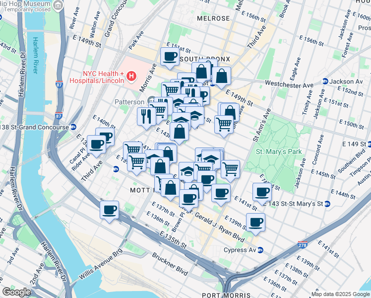 map of restaurants, bars, coffee shops, grocery stores, and more near 416 East 143rd Street in Bronx