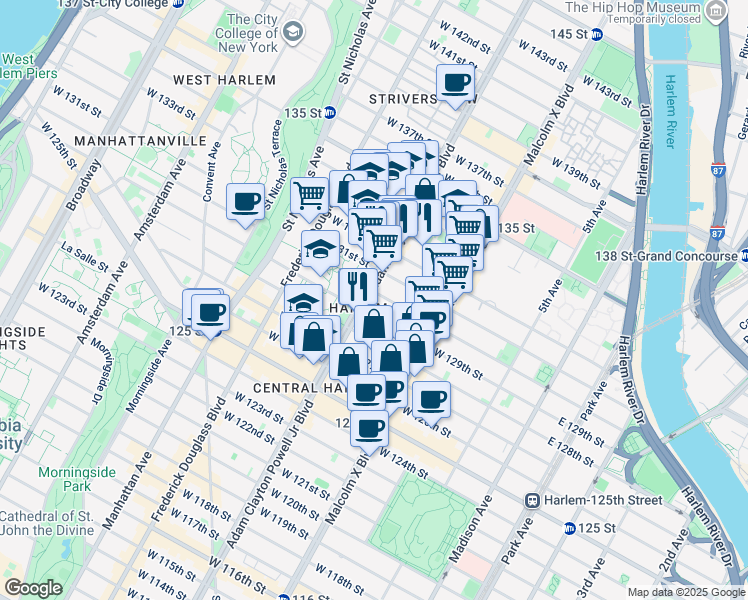 map of restaurants, bars, coffee shops, grocery stores, and more near 2201 Adam Clayton Powell Junior Boulevard in New York