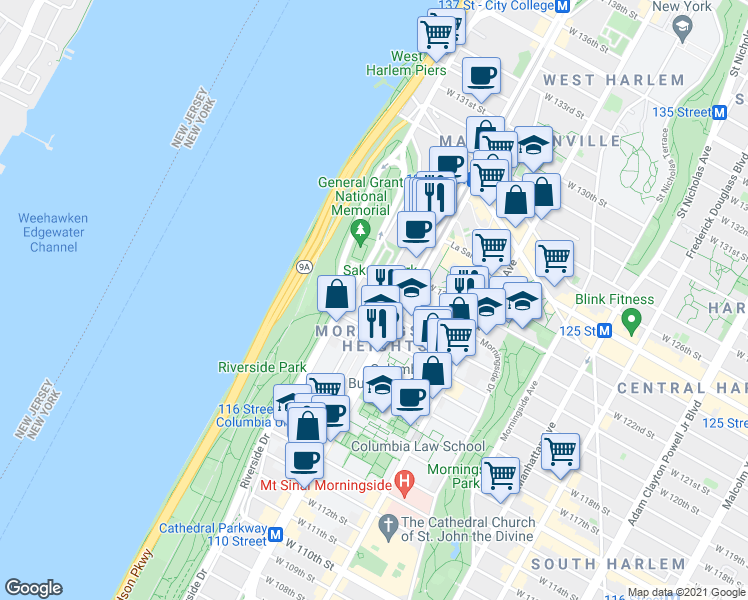 map of restaurants, bars, coffee shops, grocery stores, and more near 606 Seminary Row in New York