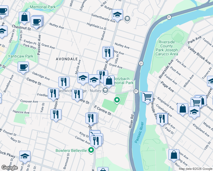 map of restaurants, bars, coffee shops, grocery stores, and more near 26 Humbert Street in Nutley