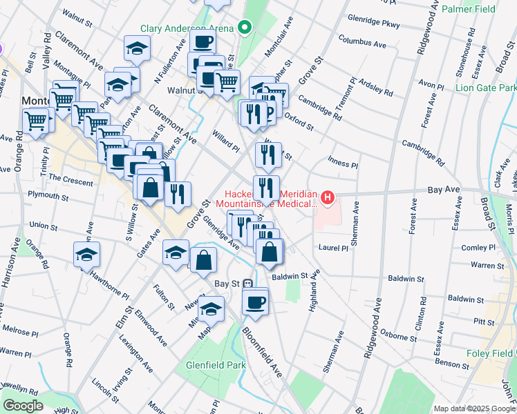map of restaurants, bars, coffee shops, grocery stores, and more near 112 Pine Street in Montclair