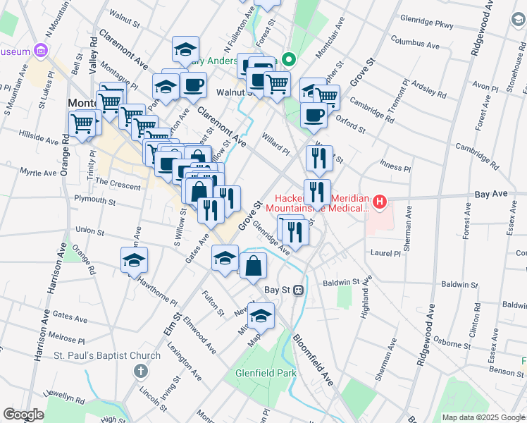 map of restaurants, bars, coffee shops, grocery stores, and more near 16 Grove Terrace in Montclair