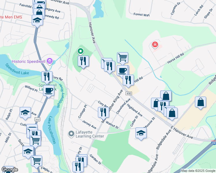 map of restaurants, bars, coffee shops, grocery stores, and more near 8 Colgate Drive in Morristown