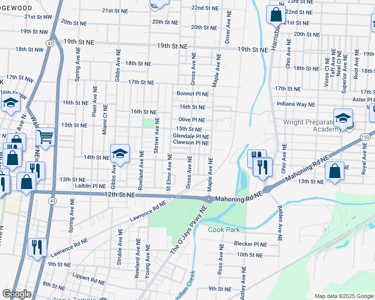 map of restaurants, bars, coffee shops, grocery stores, and more near 1523 Parkhill Place Northeast in Canton