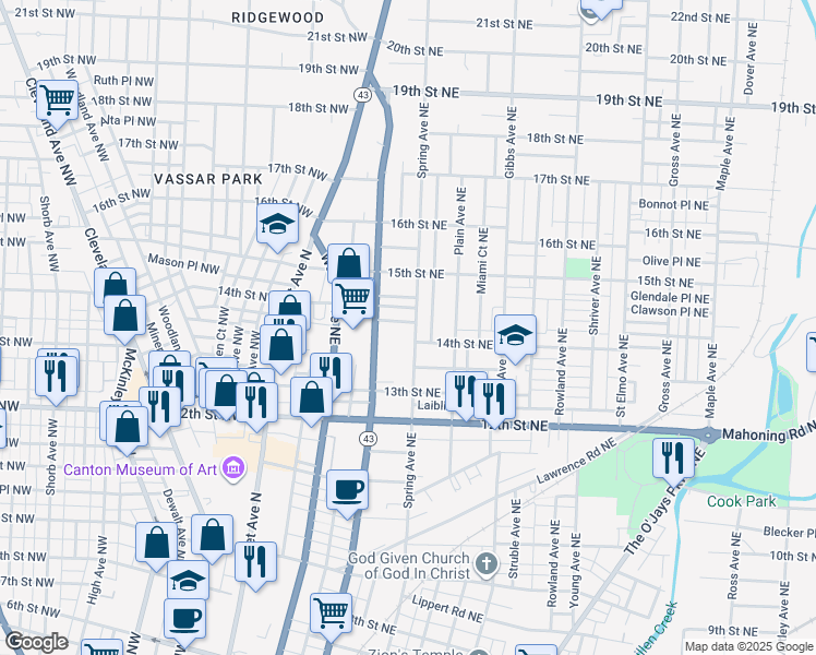 map of restaurants, bars, coffee shops, grocery stores, and more near 1423 Spring Avenue Northeast in Canton