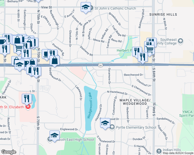 map of restaurants, bars, coffee shops, grocery stores, and more near 7640 Maple Village Drive in Lincoln