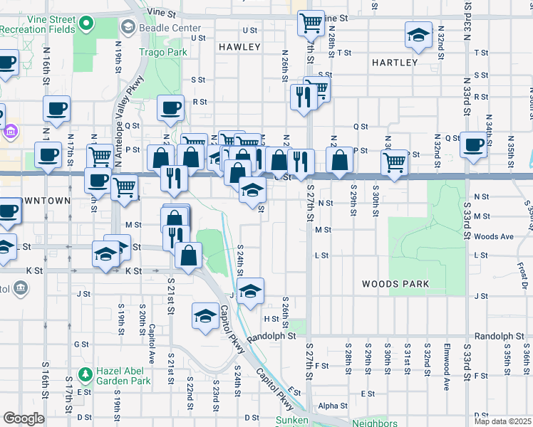 map of restaurants, bars, coffee shops, grocery stores, and more near 225 South 25th Street in Lincoln