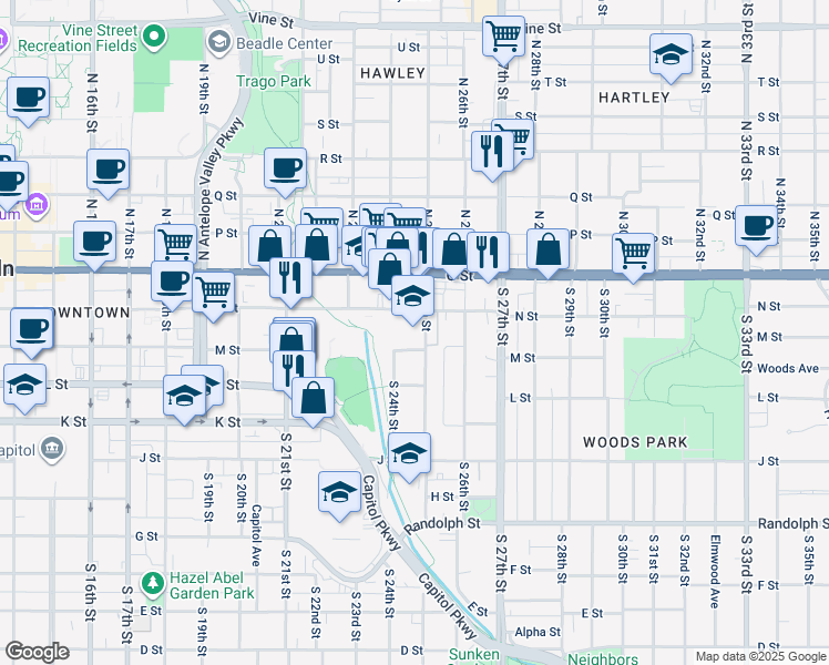 map of restaurants, bars, coffee shops, grocery stores, and more near 225 South 25th Street in Lincoln