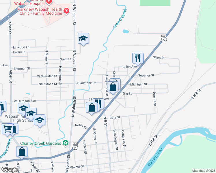 map of restaurants, bars, coffee shops, grocery stores, and more near 411 Michigan Street in Wabash