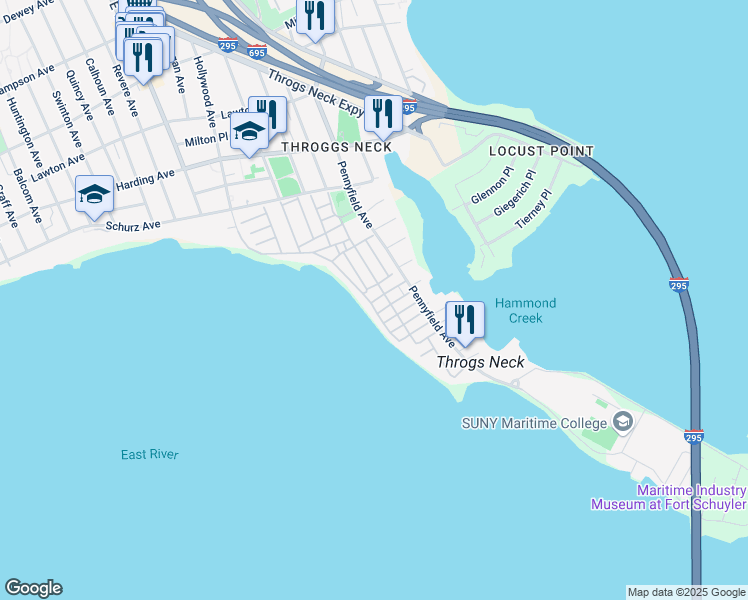 map of restaurants, bars, coffee shops, grocery stores, and more near 2 Beech Place in Bronx