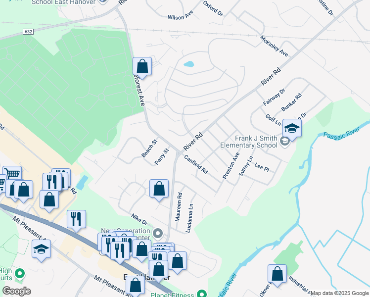 map of restaurants, bars, coffee shops, grocery stores, and more near 148 River Road in East Hanover